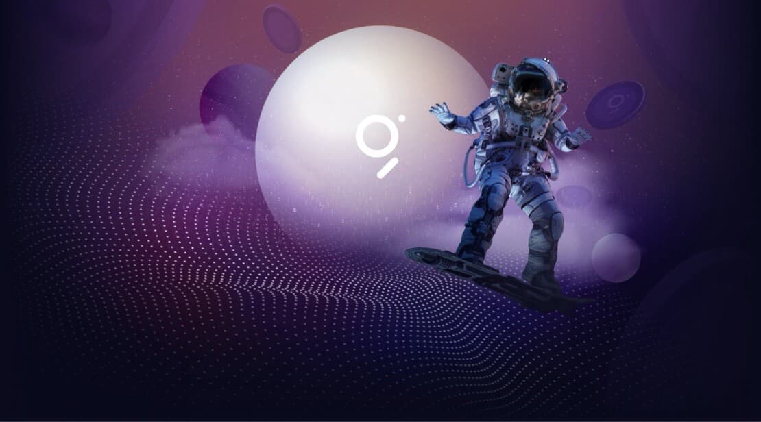 Astronaut above a field of purple data points